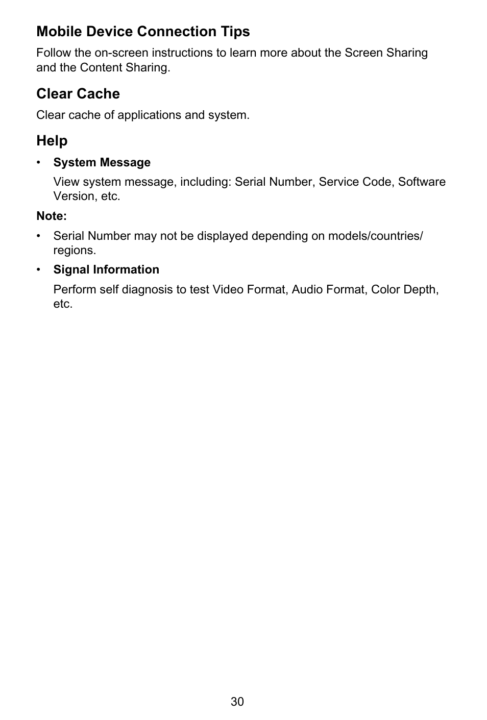 Mobile device connection tips, Clear cache, Help | GIGABYTE S55U 54.6" 3840 x 2160 HDR 120 Hz Gaming Monitor User Manual | Page 31 / 46