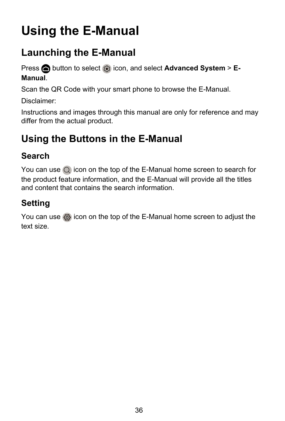 Using the e-manual, Launching the e-manual, Using the buttons in the e-manual | Search, Setting | GIGABYTE S55U 54.6" 3840 x 2160 HDR 120 Hz Gaming Monitor User Manual | Page 37 / 46