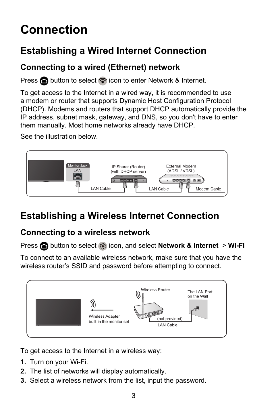 Connection, Establishing a wired internet connection, Connecting to a wired (ethernet) network | Establishing a wireless internet connection, Connecting to a wireless network | GIGABYTE S55U 54.6" 3840 x 2160 HDR 120 Hz Gaming Monitor User Manual | Page 4 / 46
