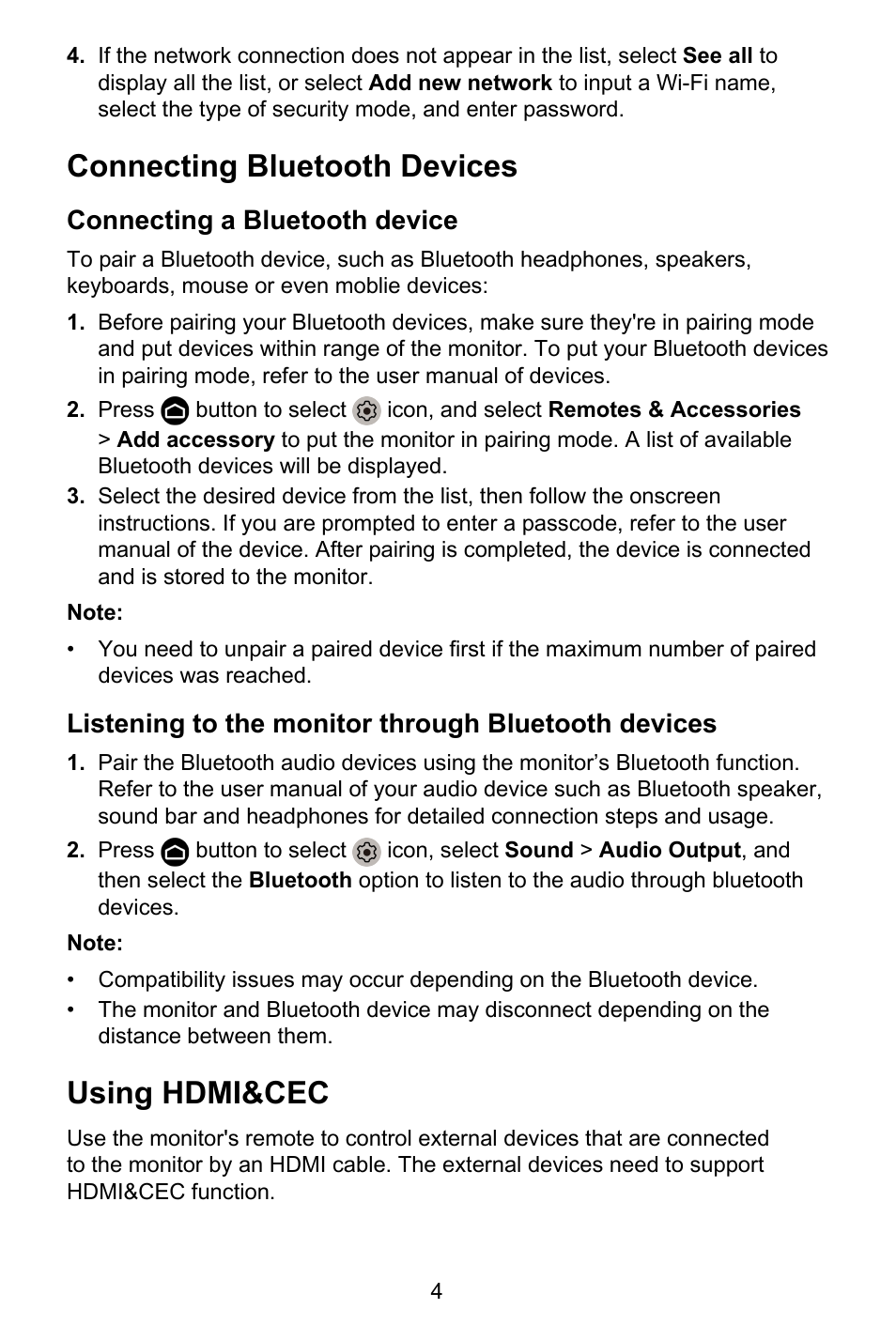 Connecting bluetooth devices, Connecting a bluetooth device, Listening to the monitor through bluetooth devices | Using hdmi&cec, Connecting bluetooth devices using hdmi&cec | GIGABYTE S55U 54.6" 3840 x 2160 HDR 120 Hz Gaming Monitor User Manual | Page 5 / 46