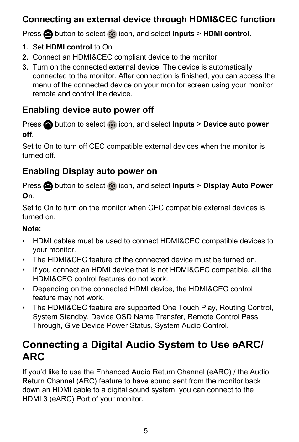 Enabling device auto power off, Enabling display auto power on, Connecting a digital audio system to use earc/arc | Connecting a digital audio system to use earc/ arc | GIGABYTE S55U 54.6" 3840 x 2160 HDR 120 Hz Gaming Monitor User Manual | Page 6 / 46