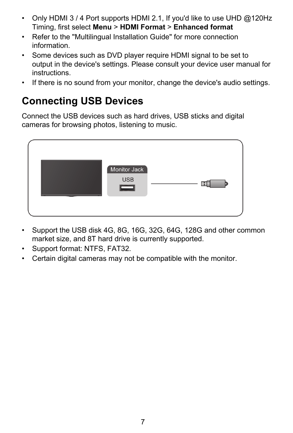Connecting usb devices | GIGABYTE S55U 54.6" 3840 x 2160 HDR 120 Hz Gaming Monitor User Manual | Page 8 / 46