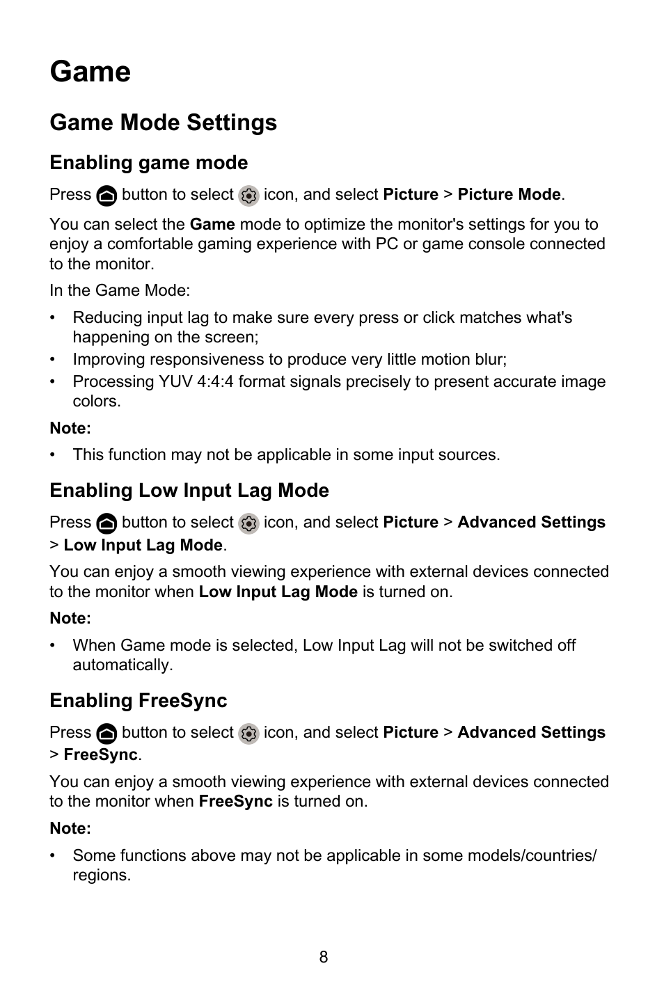 Game, Game mode settings, Enabling game mode | Enabling low input lag mode, Enabling freesync | GIGABYTE S55U 54.6" 3840 x 2160 HDR 120 Hz Gaming Monitor User Manual | Page 9 / 46