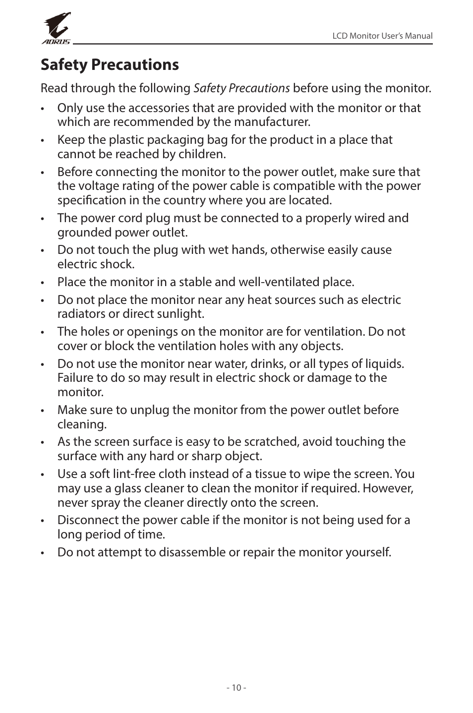 Safety precautions | GIGABYTE AORUS FV43U 43" 16:9 4K Quantum Dot 144 Hz HDR VA Gaming Monitor User Manual | Page 10 / 46