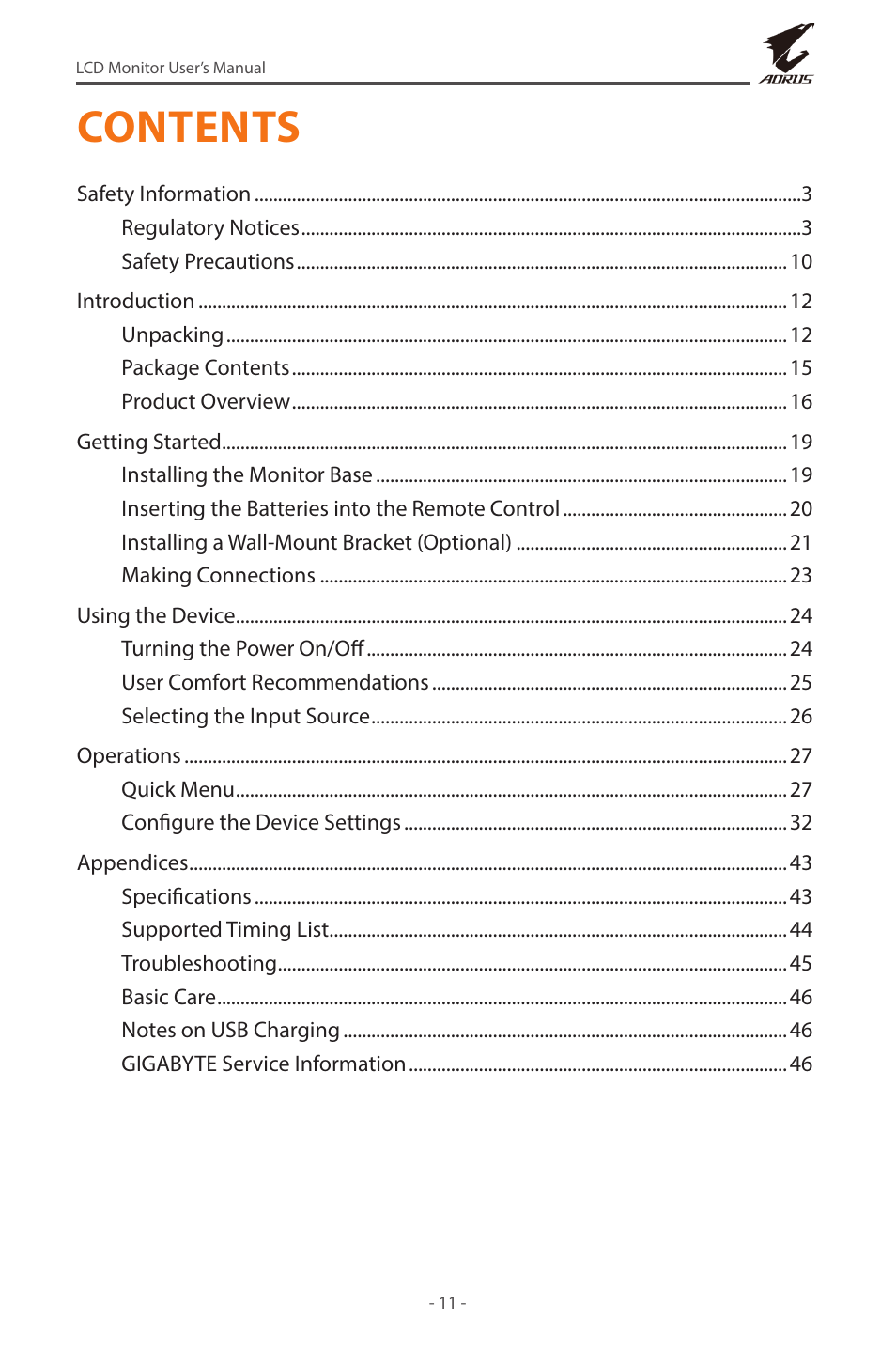 GIGABYTE AORUS FV43U 43" 16:9 4K Quantum Dot 144 Hz HDR VA Gaming Monitor User Manual | Page 11 / 46