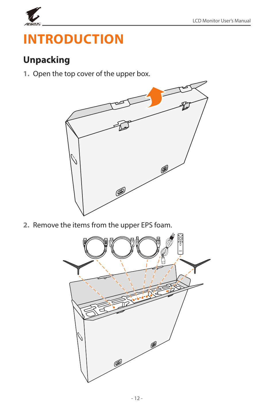 Introduction, Unpacking | GIGABYTE AORUS FV43U 43" 16:9 4K Quantum Dot 144 Hz HDR VA Gaming Monitor User Manual | Page 12 / 46