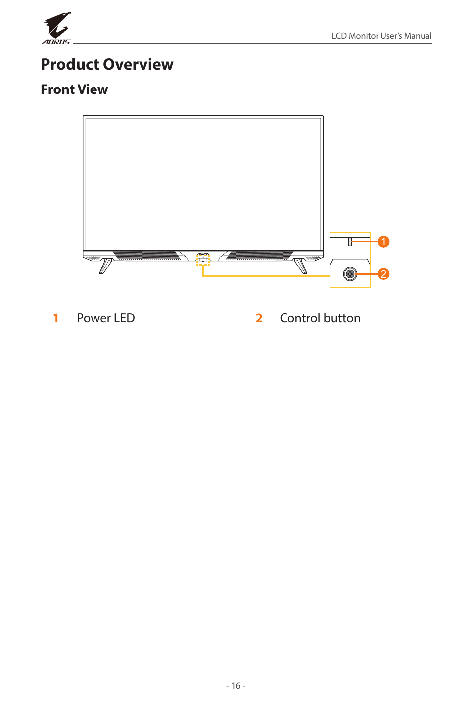 Product overview, Front view | GIGABYTE AORUS FV43U 43" 16:9 4K Quantum Dot 144 Hz HDR VA Gaming Monitor User Manual | Page 16 / 46