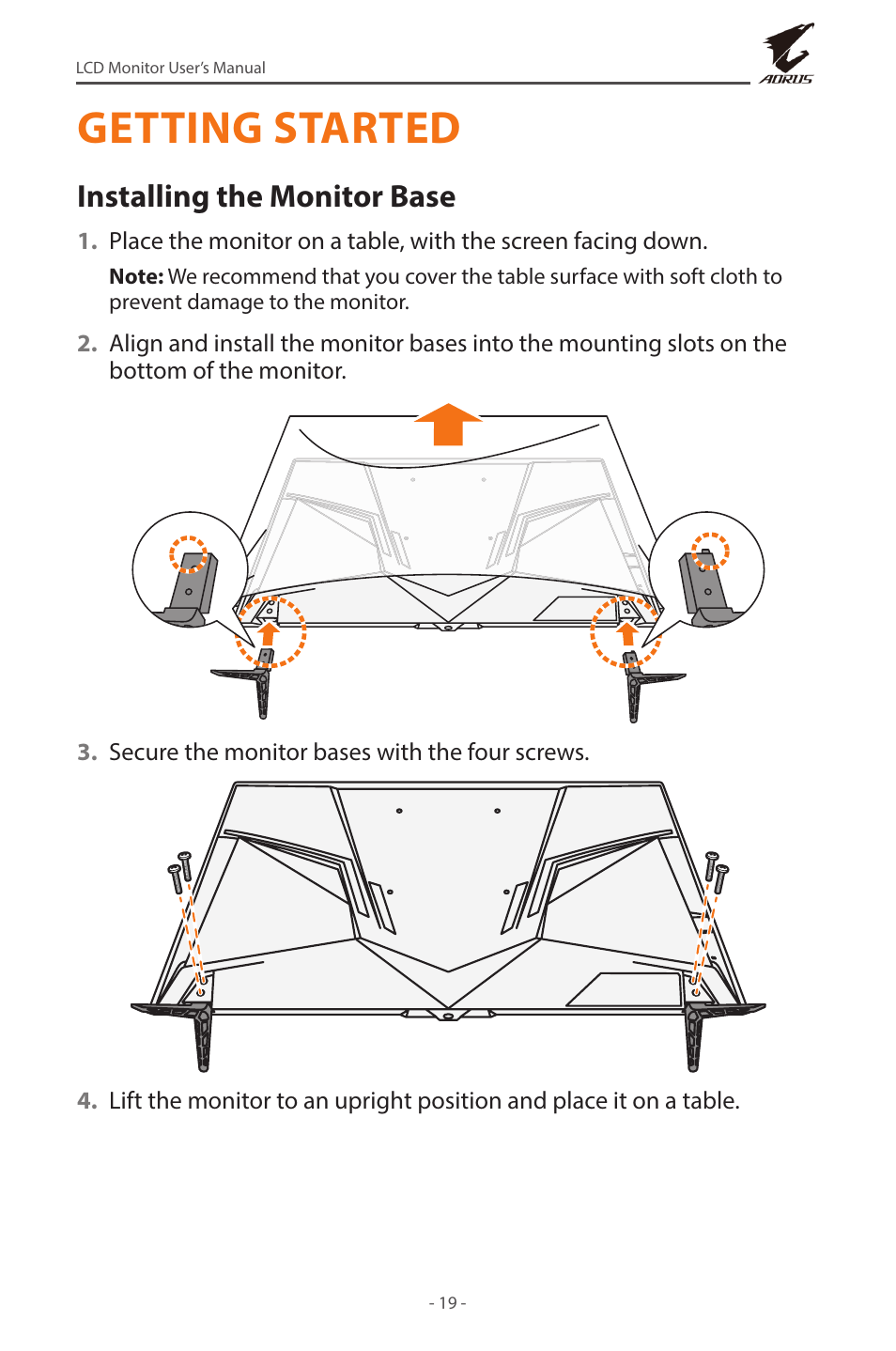 Getting started, Installing the monitor base | GIGABYTE AORUS FV43U 43" 16:9 4K Quantum Dot 144 Hz HDR VA Gaming Monitor User Manual | Page 19 / 46