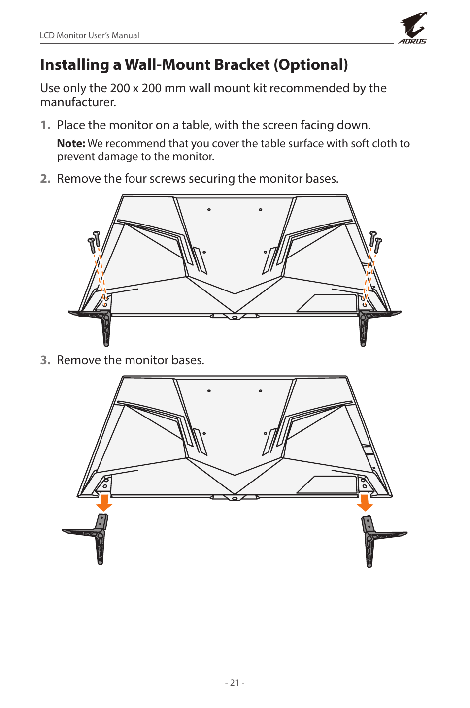 Installing a wall-mount bracket (optional) | GIGABYTE AORUS FV43U 43" 16:9 4K Quantum Dot 144 Hz HDR VA Gaming Monitor User Manual | Page 21 / 46