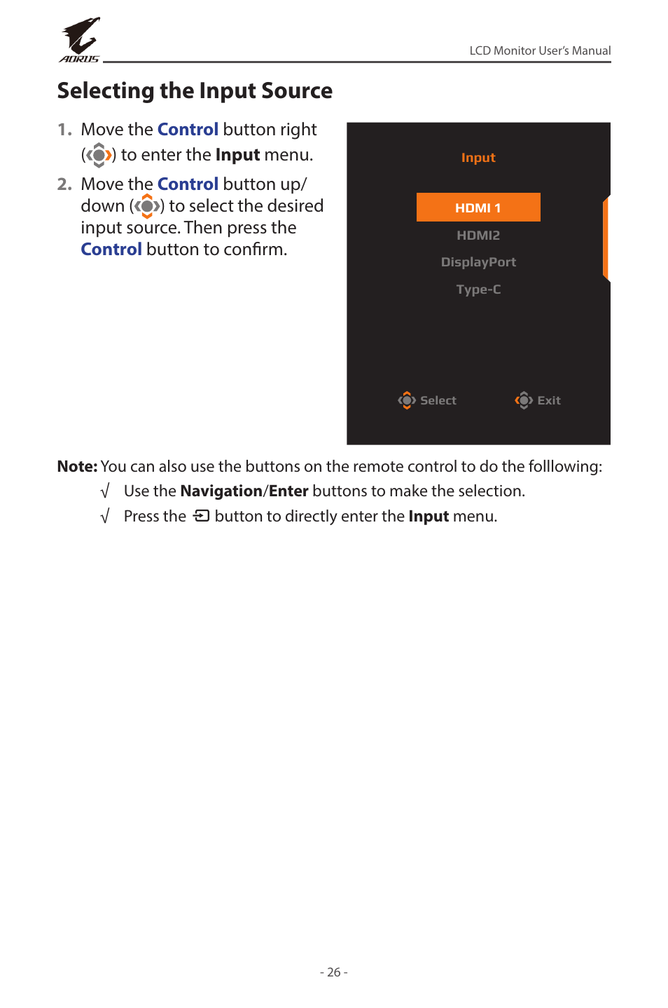 Selecting the input source | GIGABYTE AORUS FV43U 43" 16:9 4K Quantum Dot 144 Hz HDR VA Gaming Monitor User Manual | Page 26 / 46