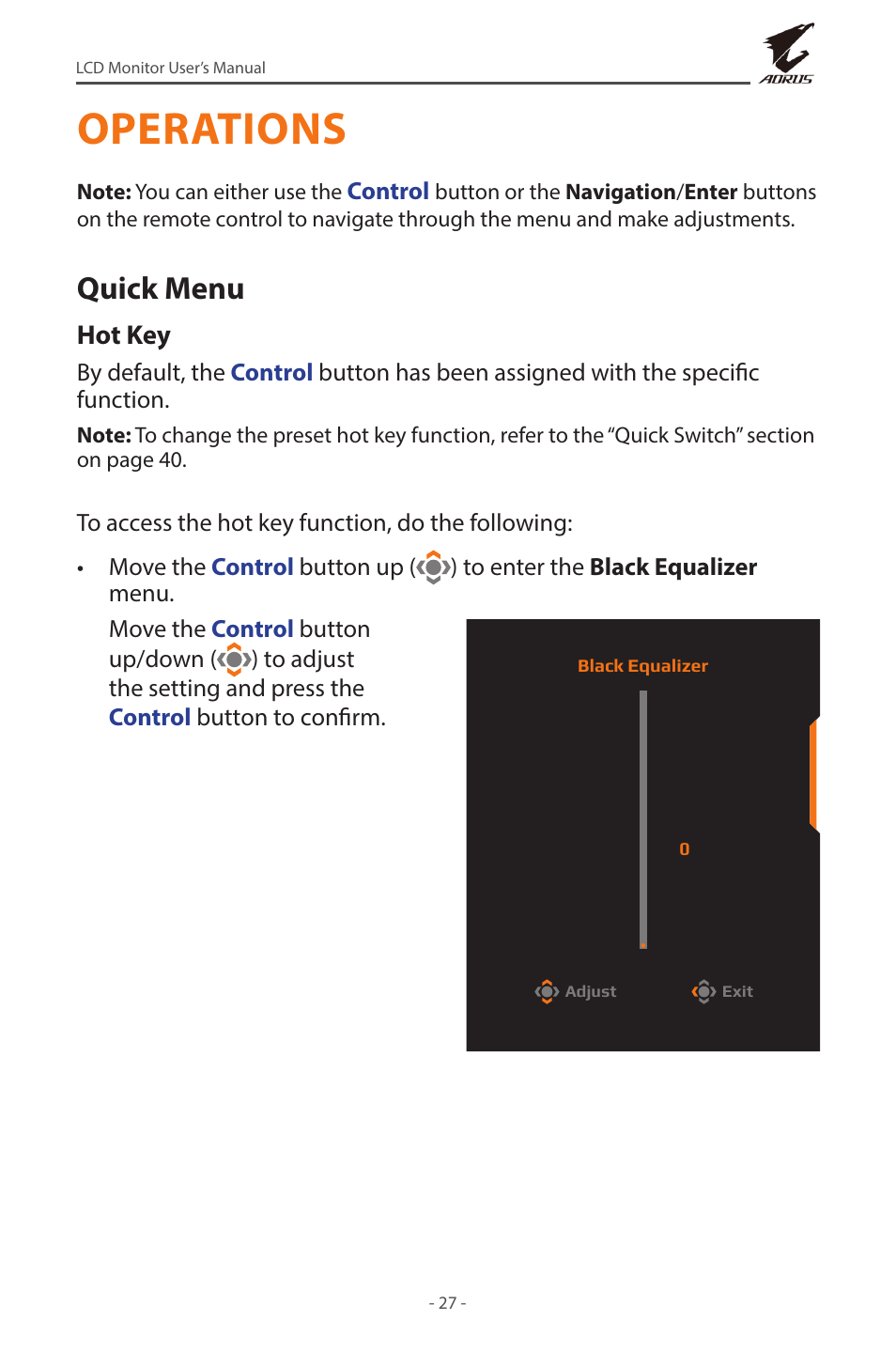 Operations, Quick menu | GIGABYTE AORUS FV43U 43" 16:9 4K Quantum Dot 144 Hz HDR VA Gaming Monitor User Manual | Page 27 / 46
