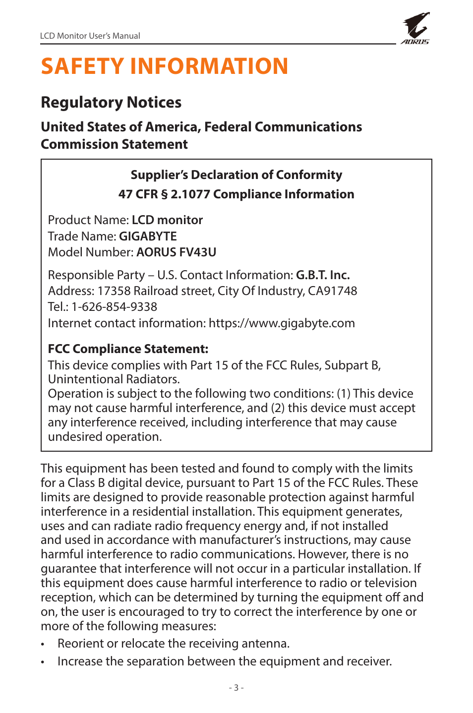 Safety information, Regulatory notices | GIGABYTE AORUS FV43U 43" 16:9 4K Quantum Dot 144 Hz HDR VA Gaming Monitor User Manual | Page 3 / 46