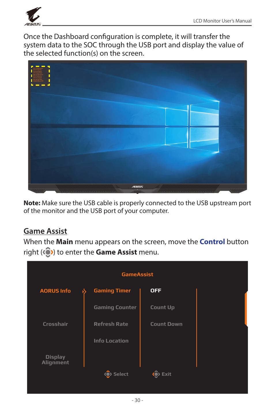 Game assist | GIGABYTE AORUS FV43U 43" 16:9 4K Quantum Dot 144 Hz HDR VA Gaming Monitor User Manual | Page 30 / 46