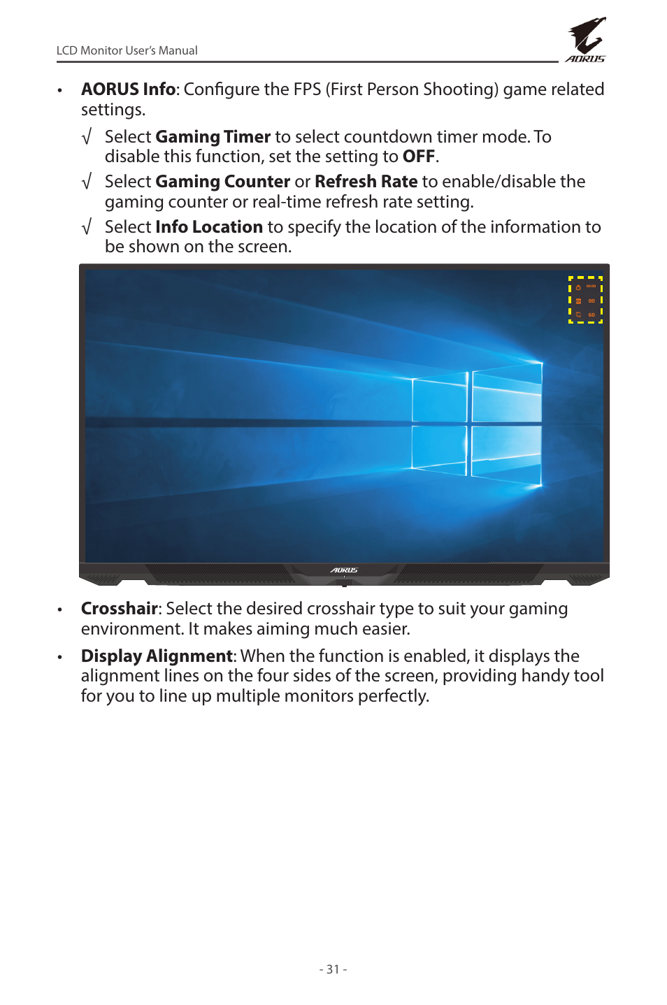 GIGABYTE AORUS FV43U 43" 16:9 4K Quantum Dot 144 Hz HDR VA Gaming Monitor User Manual | Page 31 / 46