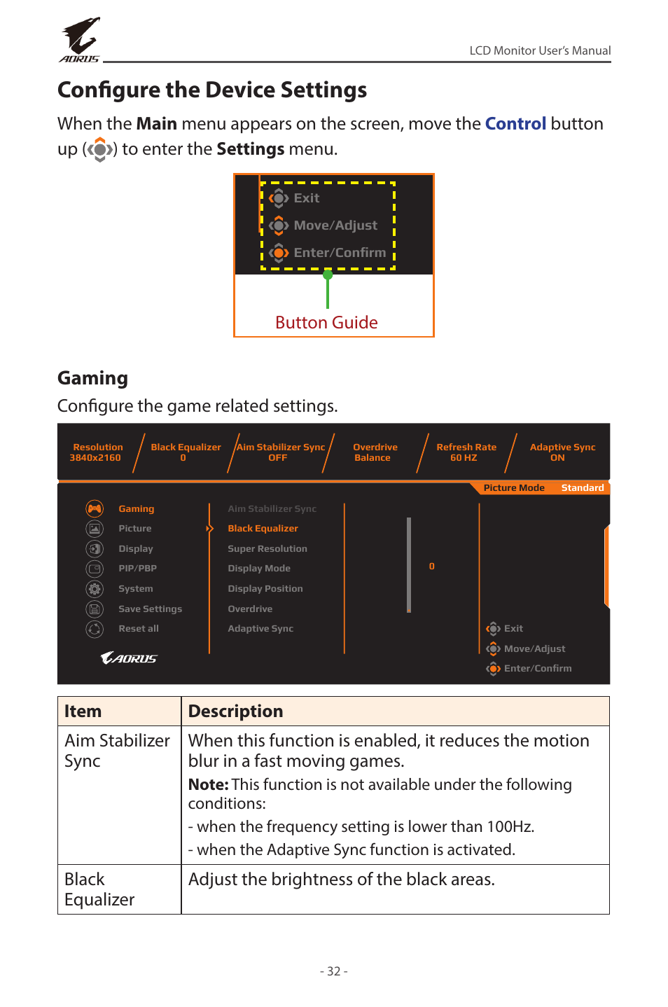 Configure the device settings, Gaming, Button guide | Configure the game related settings | GIGABYTE AORUS FV43U 43" 16:9 4K Quantum Dot 144 Hz HDR VA Gaming Monitor User Manual | Page 32 / 46