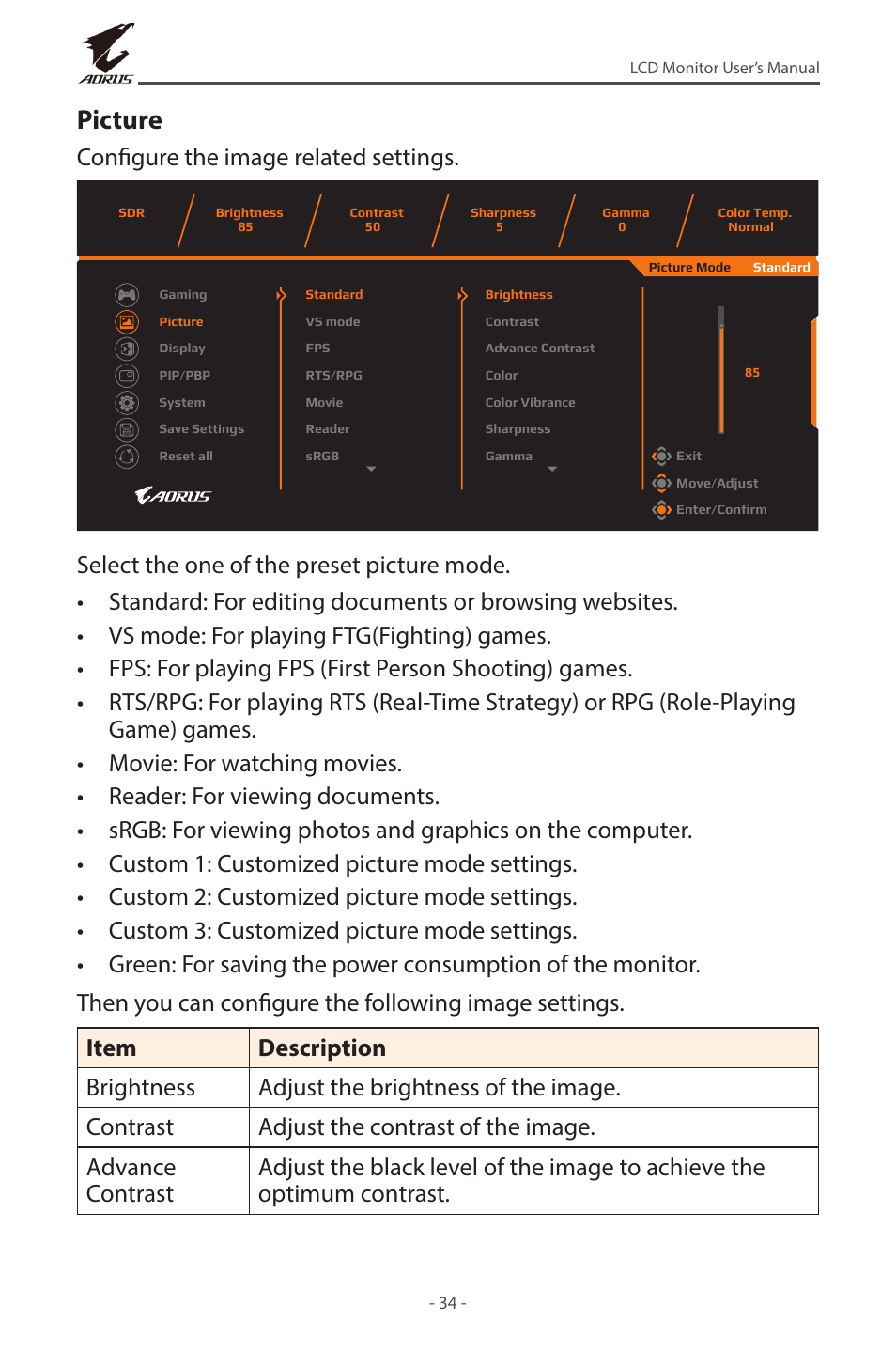 Picture, Configure the image related settings | GIGABYTE AORUS FV43U 43" 16:9 4K Quantum Dot 144 Hz HDR VA Gaming Monitor User Manual | Page 34 / 46