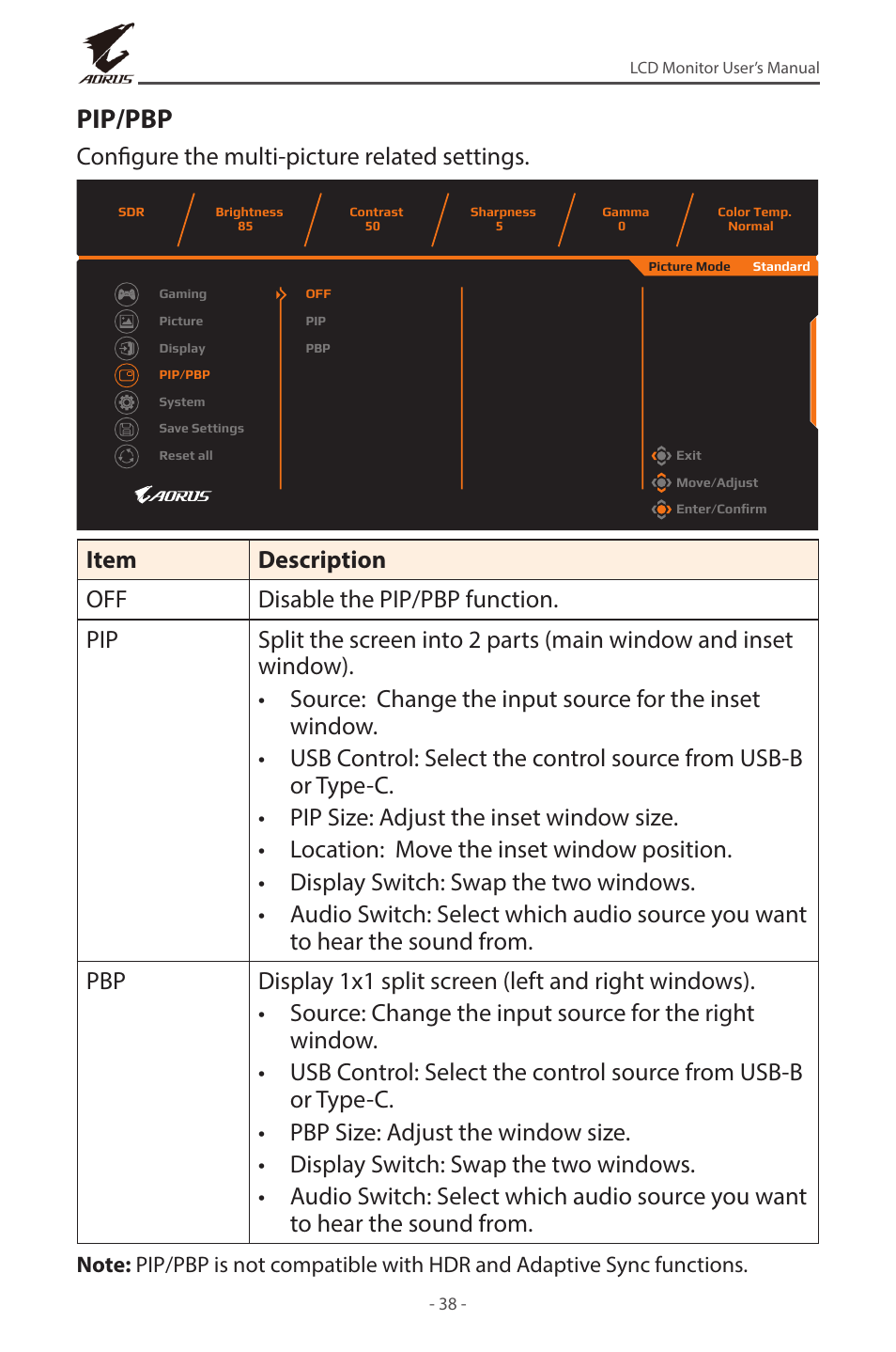 Pip/pbp, Configure the multi-picture related settings | GIGABYTE AORUS FV43U 43" 16:9 4K Quantum Dot 144 Hz HDR VA Gaming Monitor User Manual | Page 38 / 46