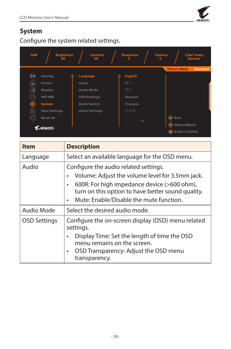 System, Configure the system related settings | GIGABYTE AORUS FV43U 43" 16:9 4K Quantum Dot 144 Hz HDR VA Gaming Monitor User Manual | Page 39 / 46