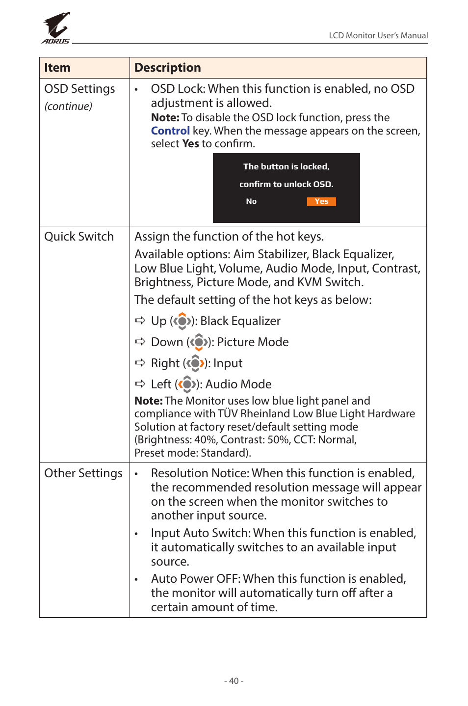 GIGABYTE AORUS FV43U 43" 16:9 4K Quantum Dot 144 Hz HDR VA Gaming Monitor User Manual | Page 40 / 46