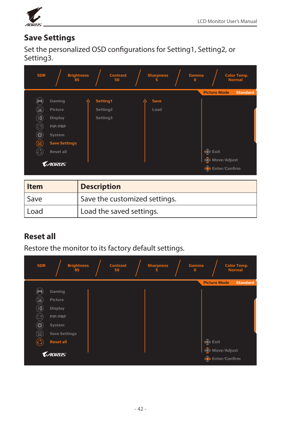 Save settings, Reset all | GIGABYTE AORUS FV43U 43" 16:9 4K Quantum Dot 144 Hz HDR VA Gaming Monitor User Manual | Page 42 / 46