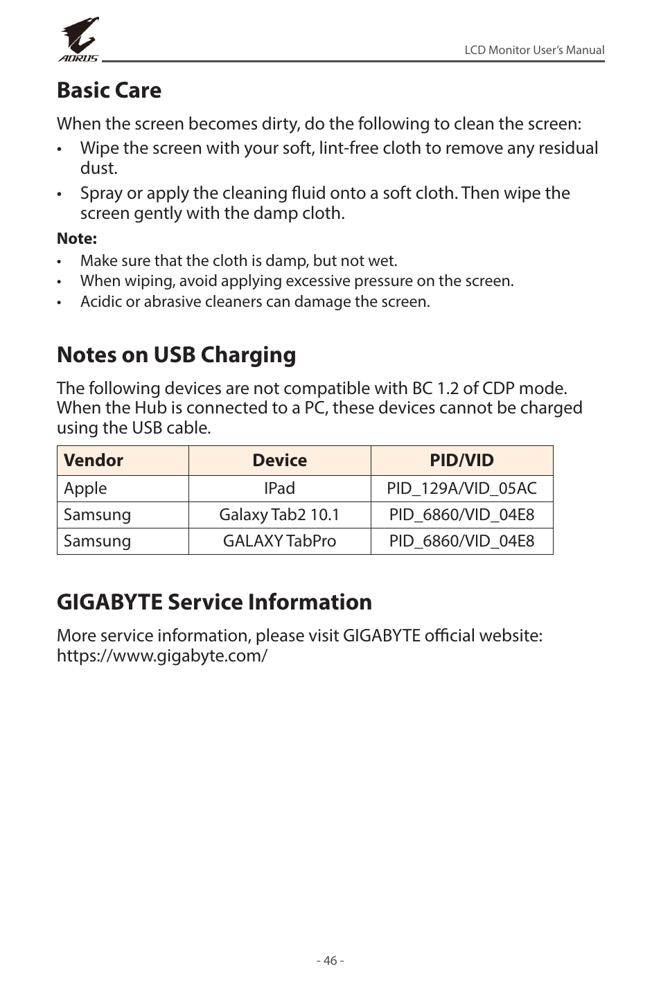 Basic care, Notes on usb charging, Gigabyte service information | GIGABYTE AORUS FV43U 43" 16:9 4K Quantum Dot 144 Hz HDR VA Gaming Monitor User Manual | Page 46 / 46