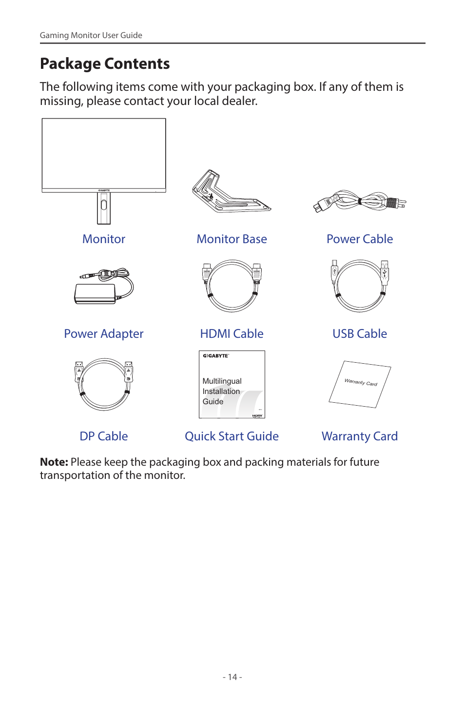 Package contents, Dp cable quick start guide warranty card | GIGABYTE M27Q 27" KVM FreeSync 170 Hz QHD HDR IPS Gaming Monitor User Manual | Page 14 / 46