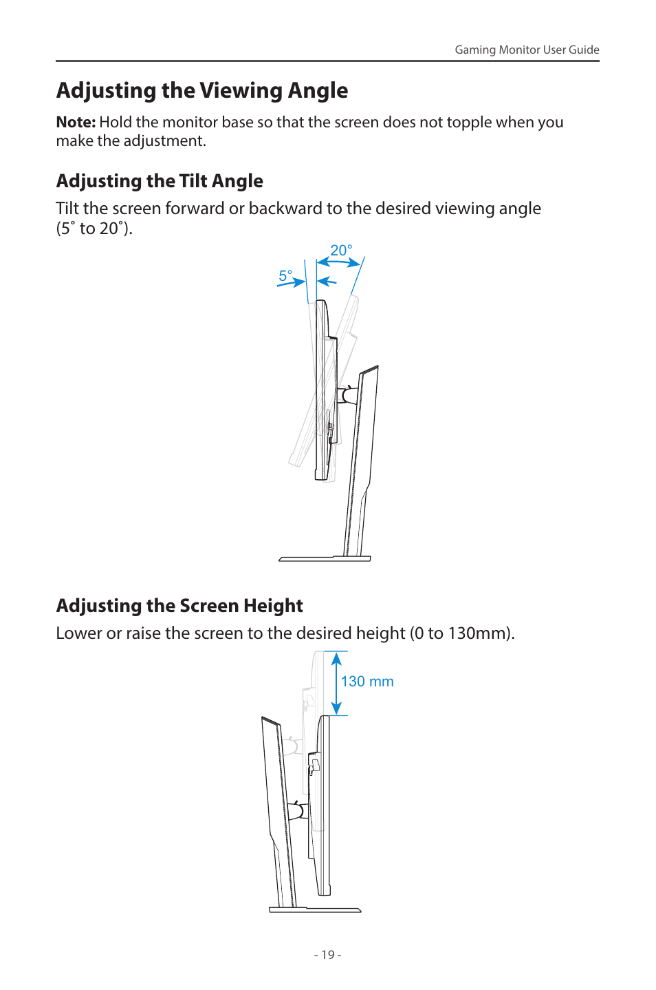 Adjusting the viewing angle, Adjusting the tilt angle, Adjusting the screen height | GIGABYTE M27Q 27" KVM FreeSync 170 Hz QHD HDR IPS Gaming Monitor User Manual | Page 19 / 46