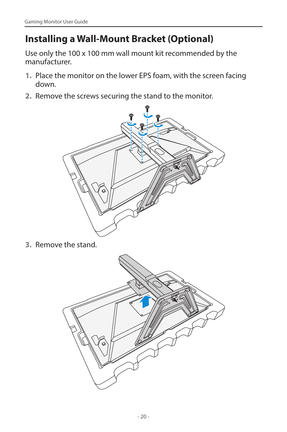 Installing a wall-mount bracket (optional) | GIGABYTE M27Q 27" KVM FreeSync 170 Hz QHD HDR IPS Gaming Monitor User Manual | Page 20 / 46