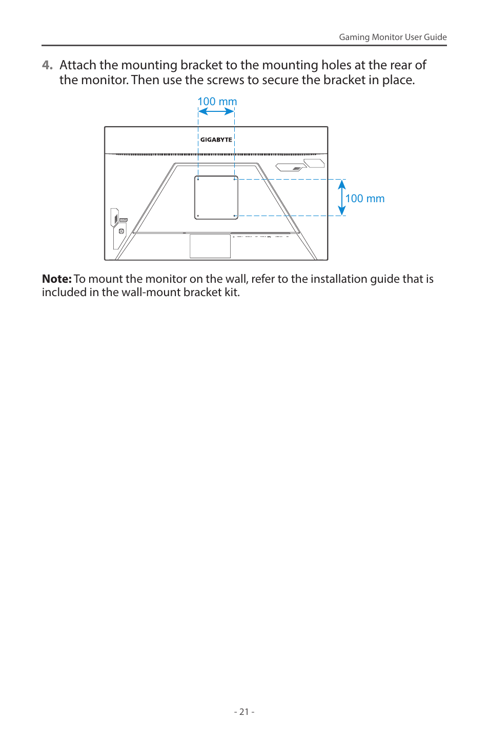 100 mm, Gaming monitor user guide | GIGABYTE M27Q 27" KVM FreeSync 170 Hz QHD HDR IPS Gaming Monitor User Manual | Page 21 / 46