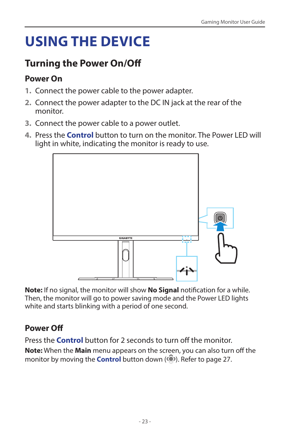 Using the device, Turning the power on/off | GIGABYTE M27Q 27" KVM FreeSync 170 Hz QHD HDR IPS Gaming Monitor User Manual | Page 23 / 46