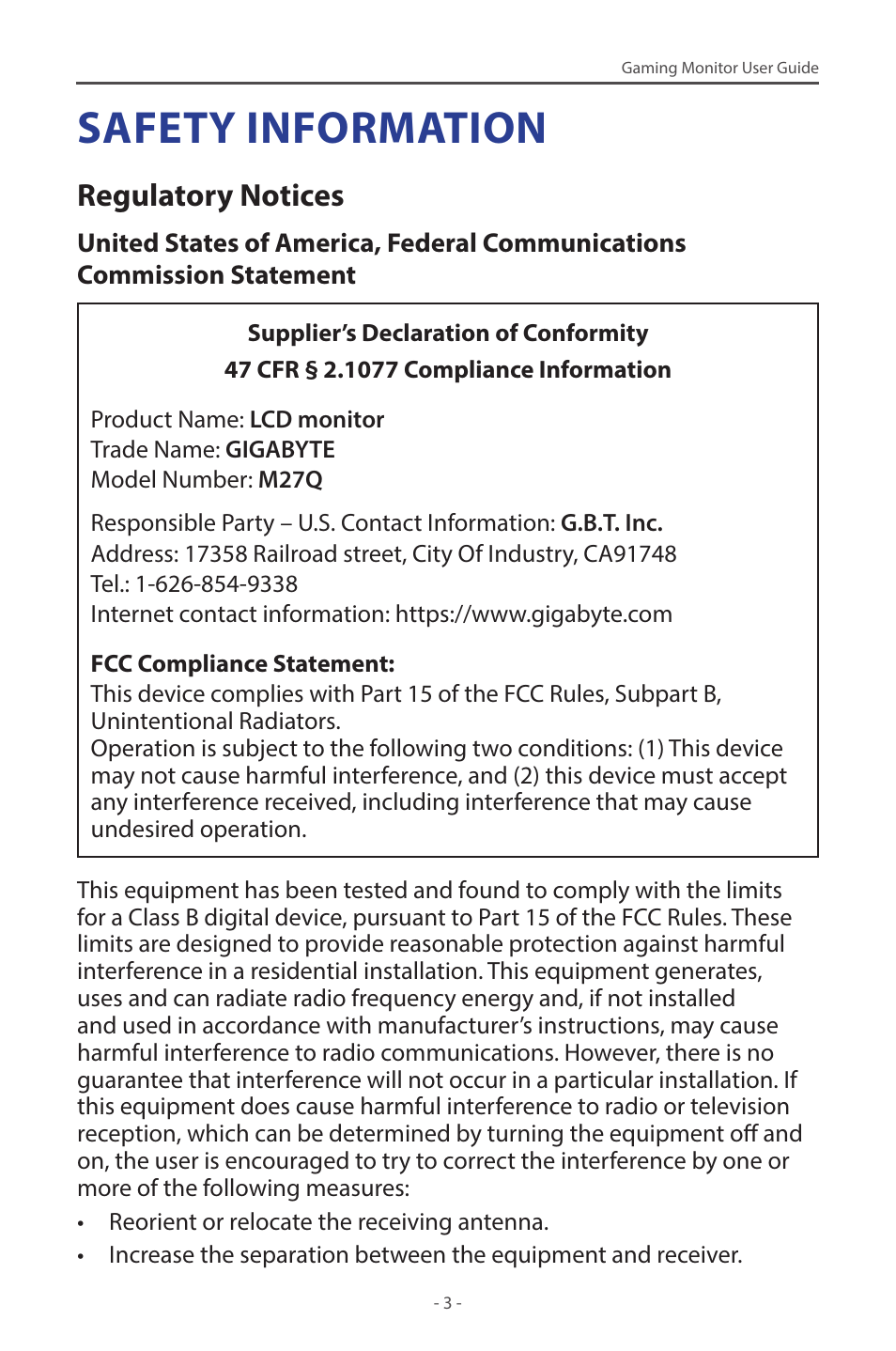 Safety information, Regulatory notices | GIGABYTE M27Q 27" KVM FreeSync 170 Hz QHD HDR IPS Gaming Monitor User Manual | Page 3 / 46