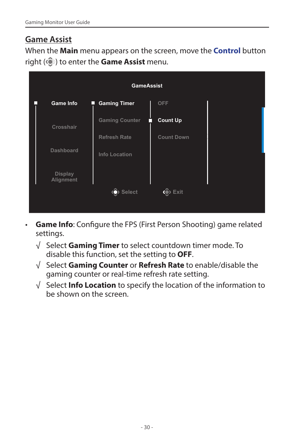 Game assist | GIGABYTE M27Q 27" KVM FreeSync 170 Hz QHD HDR IPS Gaming Monitor User Manual | Page 30 / 46