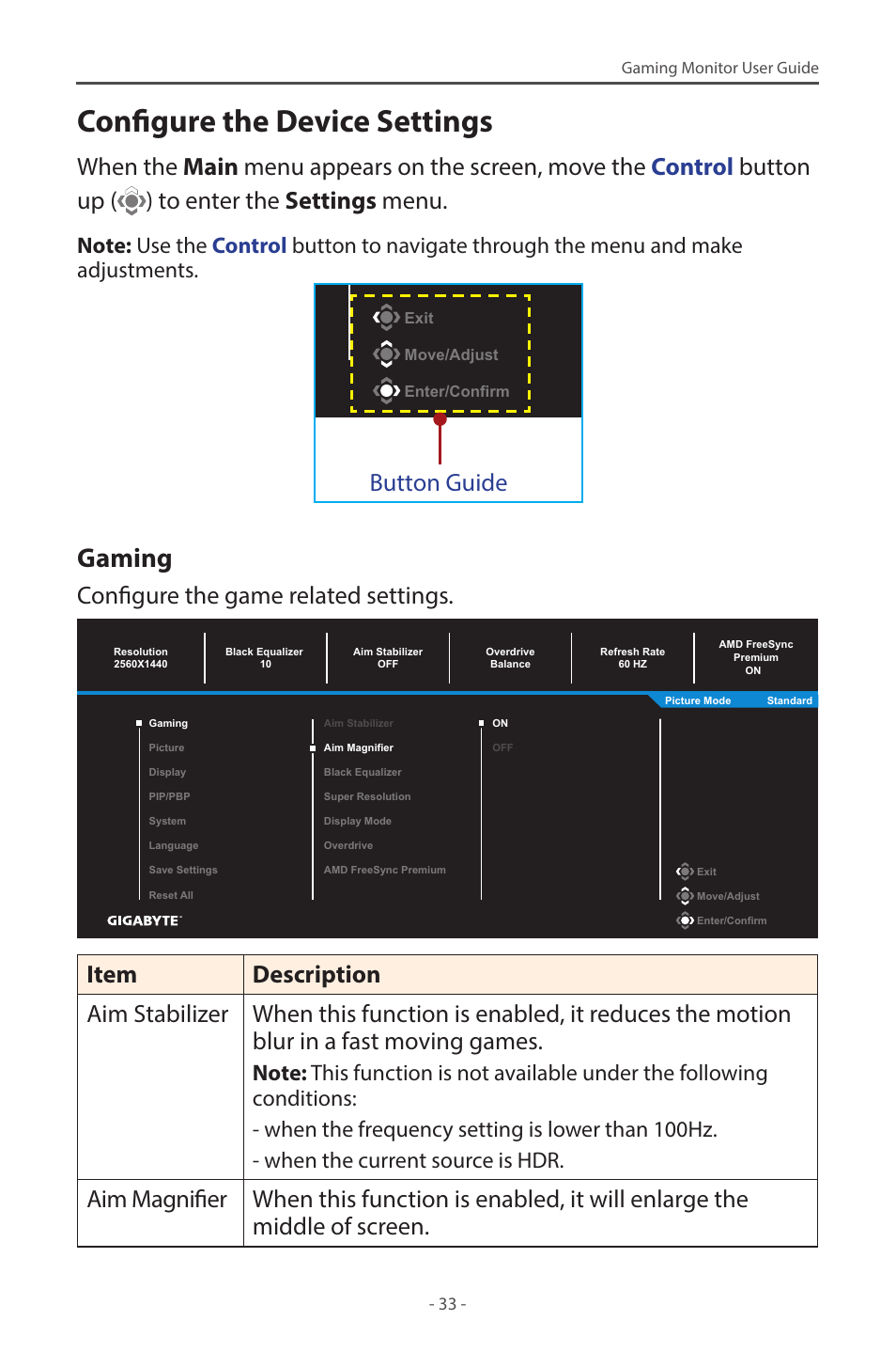 Configure the device settings, Gaming, Button guide | Configure the game related settings | GIGABYTE M27Q 27" KVM FreeSync 170 Hz QHD HDR IPS Gaming Monitor User Manual | Page 33 / 46