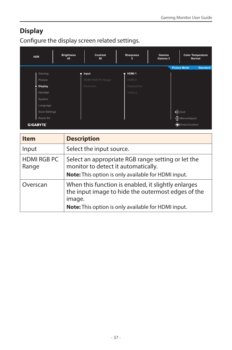 Display, Configure the display screen related settings | GIGABYTE M27Q 27" KVM FreeSync 170 Hz QHD HDR IPS Gaming Monitor User Manual | Page 37 / 46