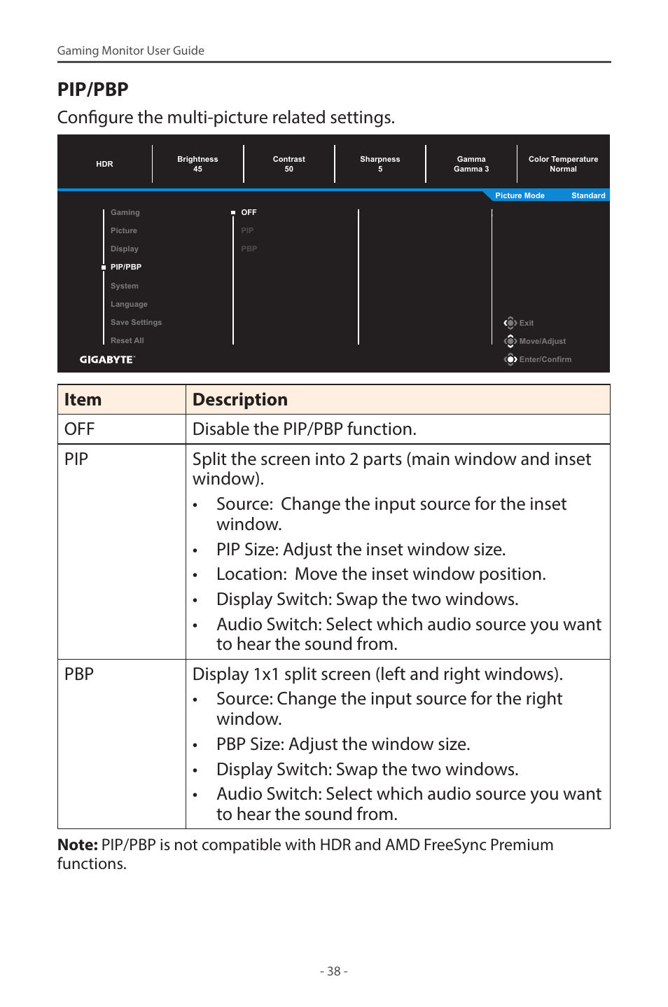 Pip/pbp, Configure the multi-picture related settings | GIGABYTE M27Q 27" KVM FreeSync 170 Hz QHD HDR IPS Gaming Monitor User Manual | Page 38 / 46