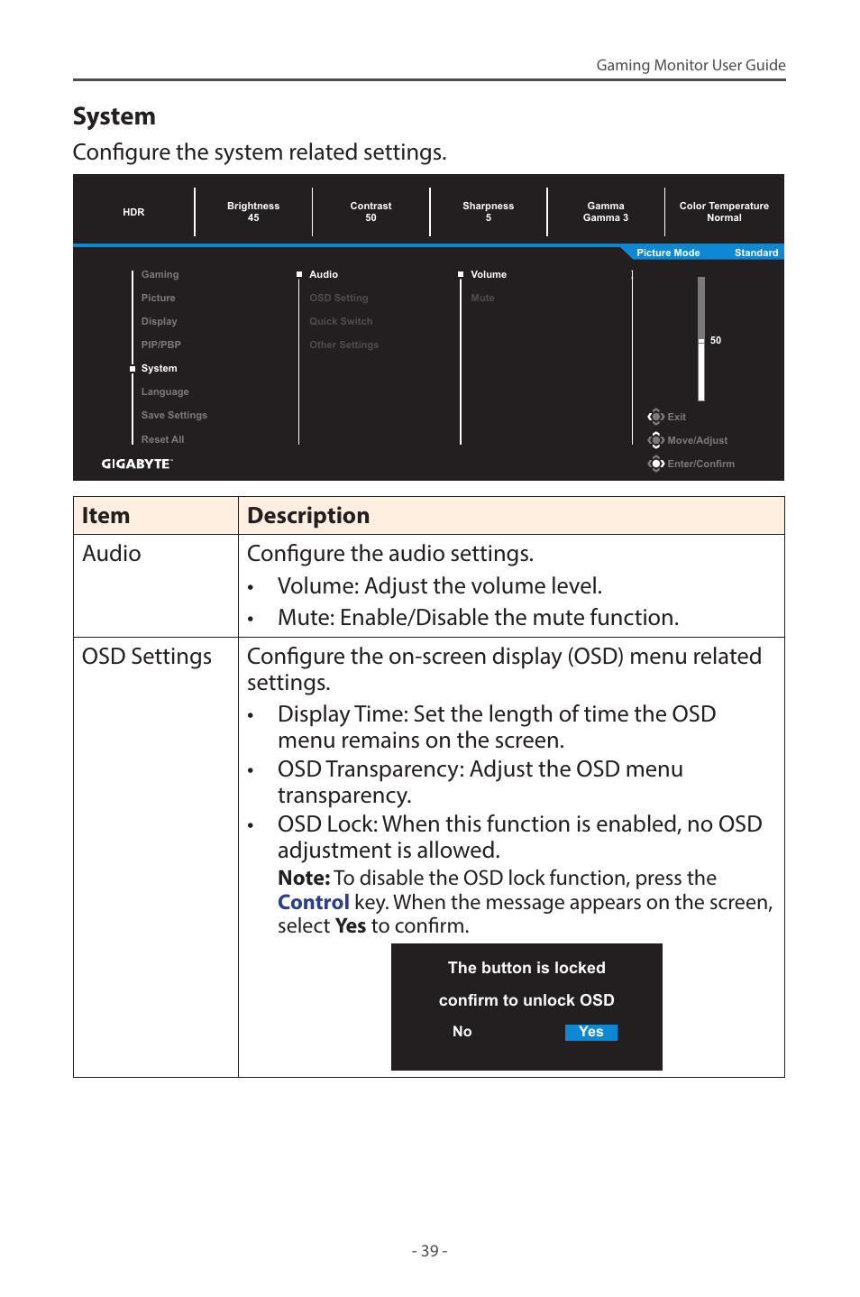 System, Configure the system related settings | GIGABYTE M27Q 27" KVM FreeSync 170 Hz QHD HDR IPS Gaming Monitor User Manual | Page 39 / 46