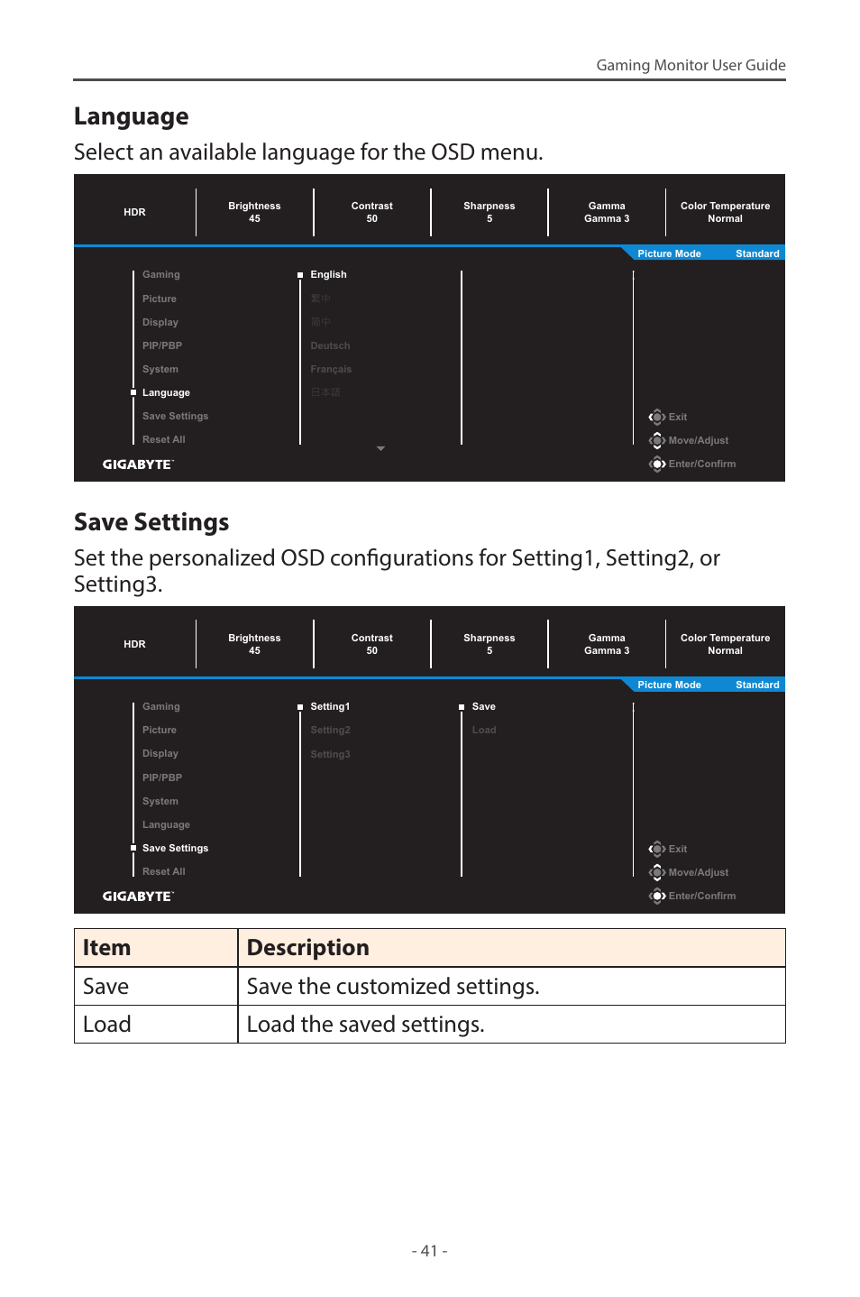 Language, Save settings, Select an available language for the osd menu | Gaming monitor user guide | GIGABYTE M27Q 27" KVM FreeSync 170 Hz QHD HDR IPS Gaming Monitor User Manual | Page 41 / 46