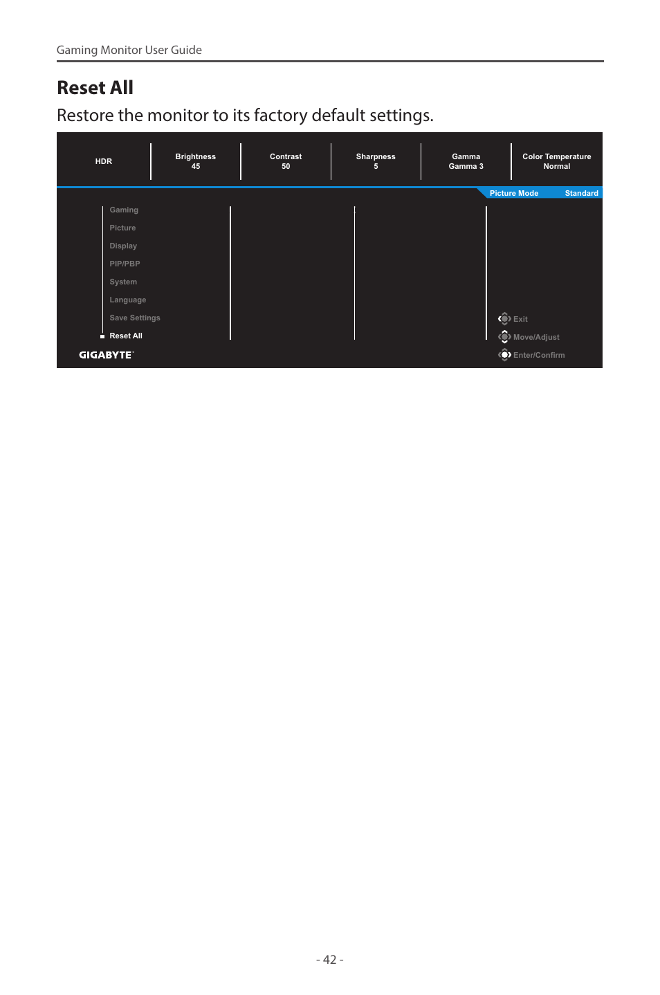 Reset all, Gaming monitor user guide | GIGABYTE M27Q 27" KVM FreeSync 170 Hz QHD HDR IPS Gaming Monitor User Manual | Page 42 / 46