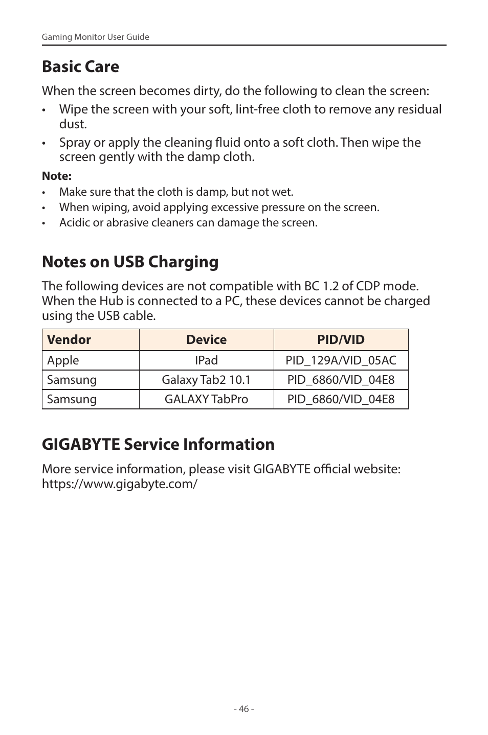 Basic care, Notes on usb charging, Gigabyte service information | GIGABYTE M27Q 27" KVM FreeSync 170 Hz QHD HDR IPS Gaming Monitor User Manual | Page 46 / 46