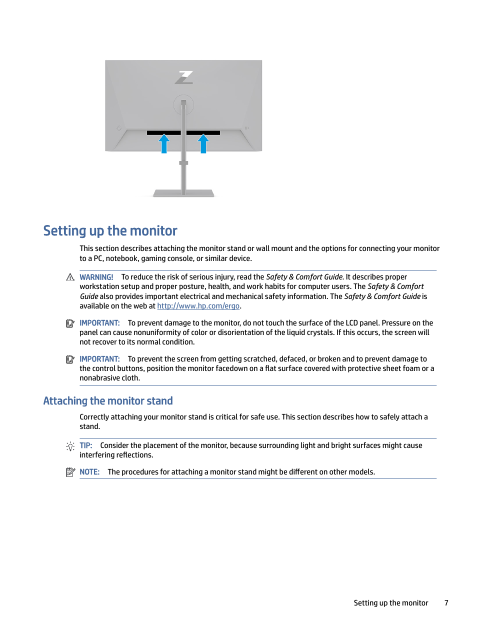 Setting up the monitor, Attaching the monitor stand | HP Z32k G3 31.5" 4K HDR Monitor User Manual | Page 12 / 45