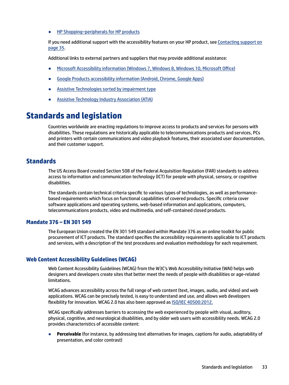 Standards and legislation, Standards, Mandate 376 – en 301 549 | Web content accessibility guidelines (wcag) | HP OMEN 27" HDR 165 Hz Gaming Monitor User Manual | Page 39 / 41