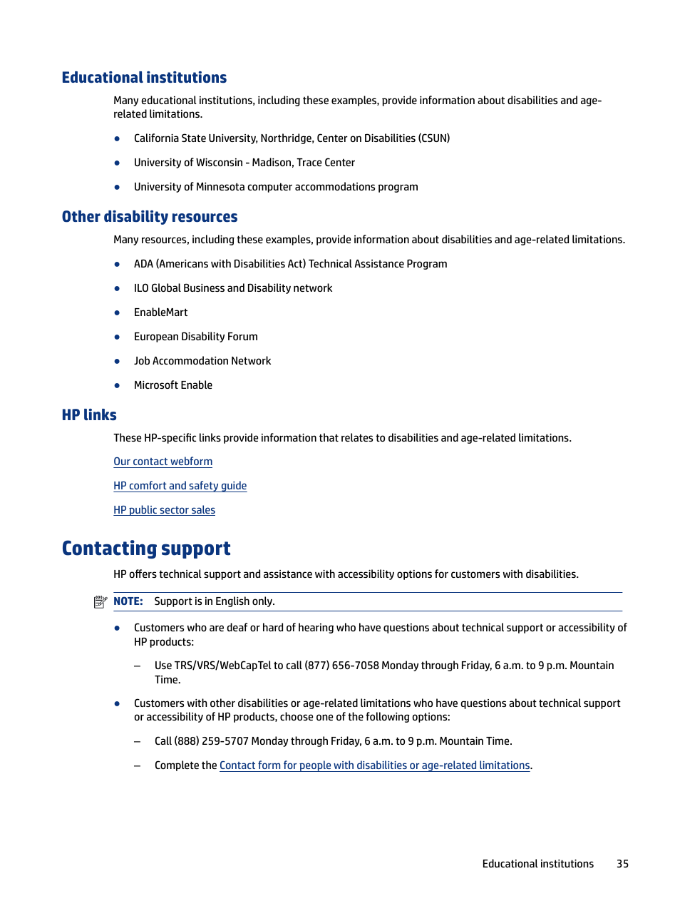 Educational institutions, Other disability resources, Hp links | Contacting support, 35 other disability resources, 35 hp links | HP OMEN 27" HDR 165 Hz Gaming Monitor User Manual | Page 41 / 41