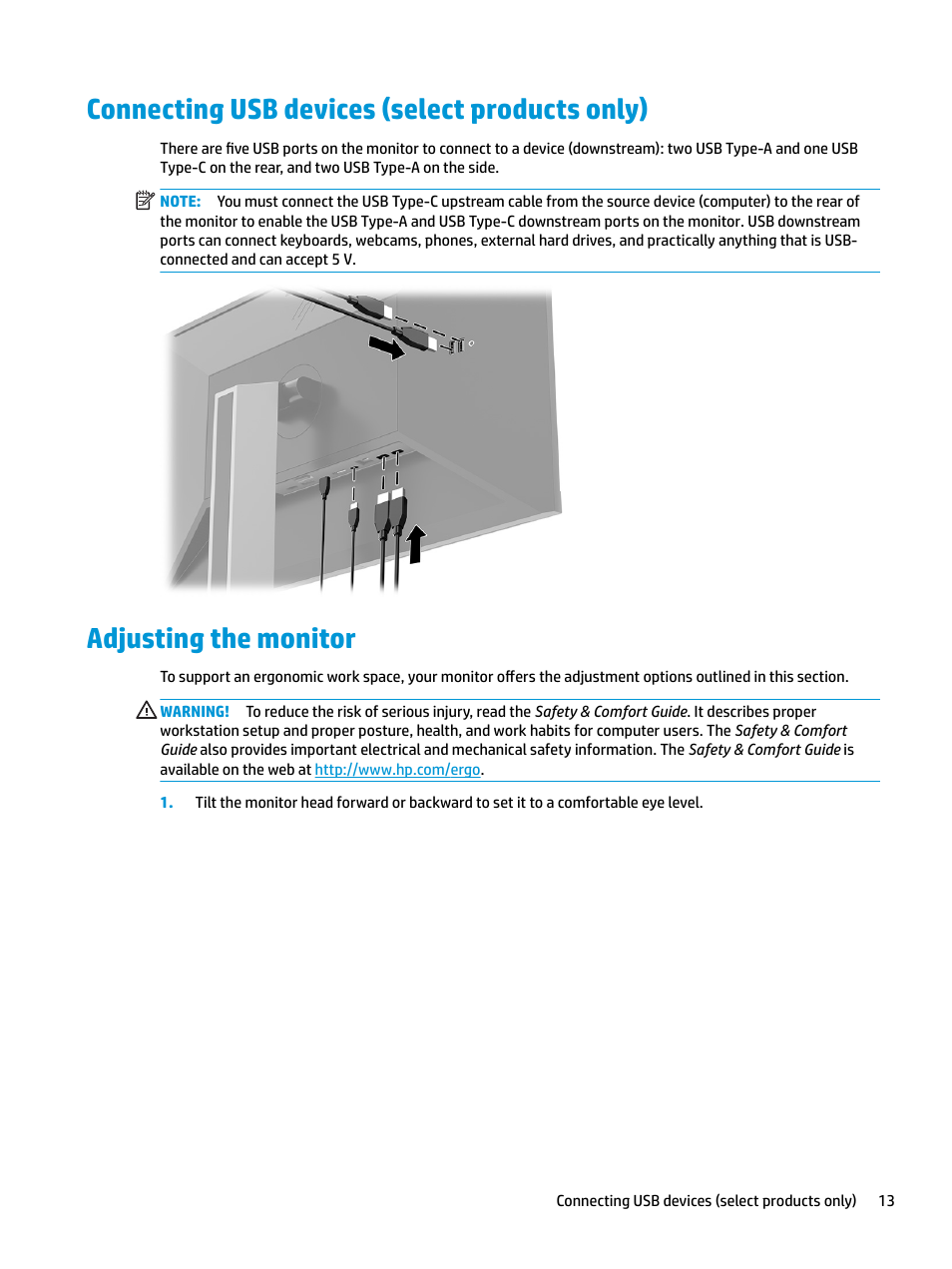 Connecting usb devices (select products only), Adjusting the monitor | HP E27d G4 27" 16:9 Advanced Docking IPS Monitor User Manual | Page 21 / 52