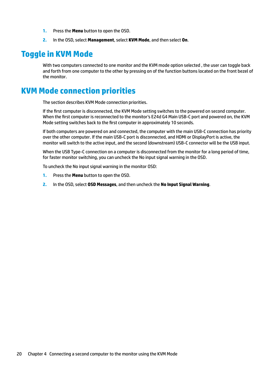 Toggle in kvm mode, Kvm mode connection priorities, Toggle in kvm mode kvm mode connection priorities | HP E27d G4 27" 16:9 Advanced Docking IPS Monitor User Manual | Page 28 / 52