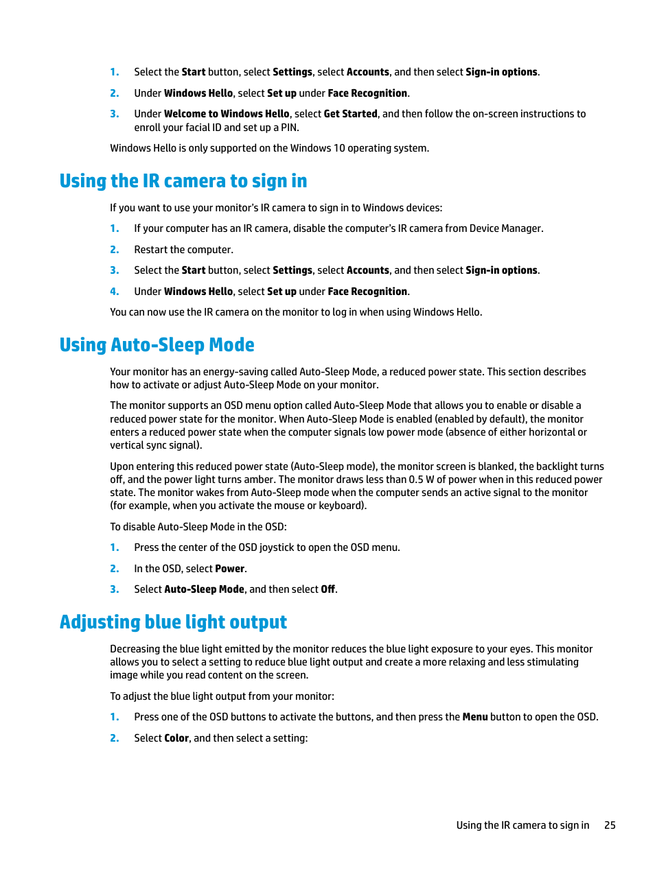 Using the ir camera to sign in, Using auto-sleep mode, Adjusting blue light output | HP E27d G4 27" 16:9 Advanced Docking IPS Monitor User Manual | Page 33 / 52