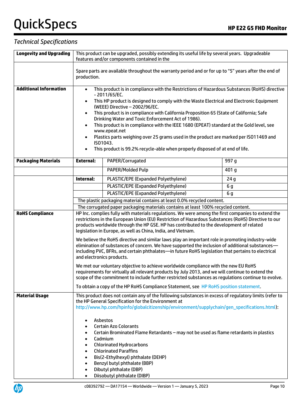 Quickspecs, Technical specifications, Hp e22 g5 fhd monitor | HP E22 G5 21.5" Monitor User Manual | Page 10 / 14