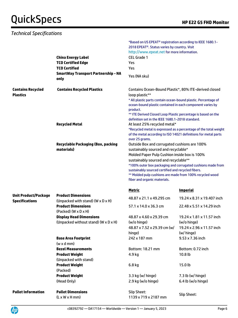 Quickspecs, Technical specifications, Hp e22 g5 fhd monitor | HP E22 G5 21.5" Monitor User Manual | Page 6 / 14
