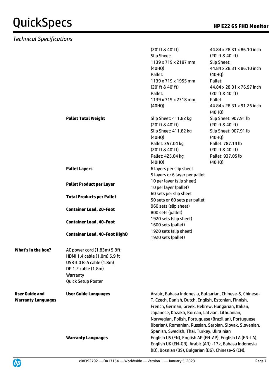 Quickspecs, Technical specifications, Hp e22 g5 fhd monitor | HP E22 G5 21.5" Monitor User Manual | Page 7 / 14