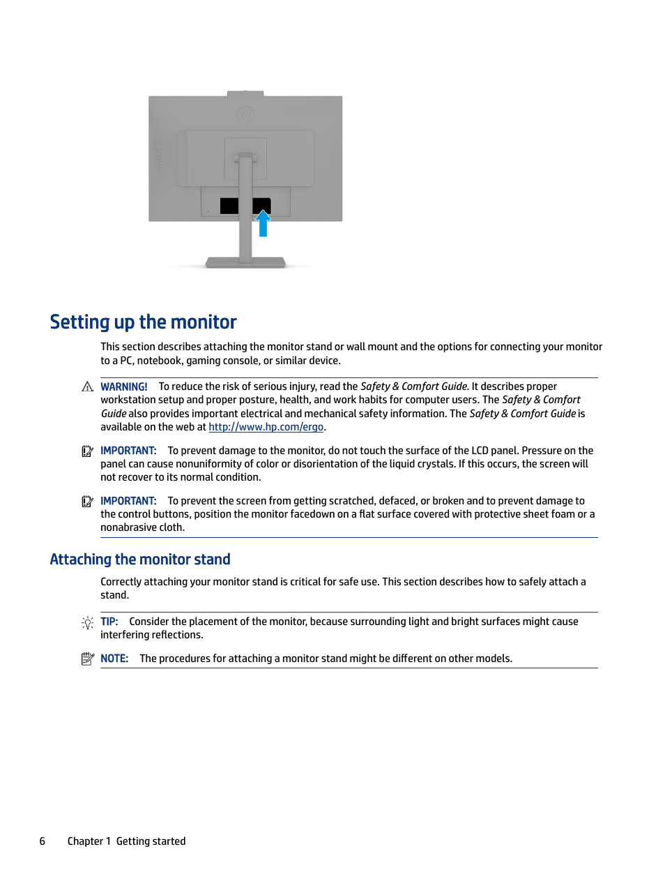 Setting up the monitor, Attaching the monitor stand | HP M24 23.8" Webcam Monitor User Manual | Page 11 / 38