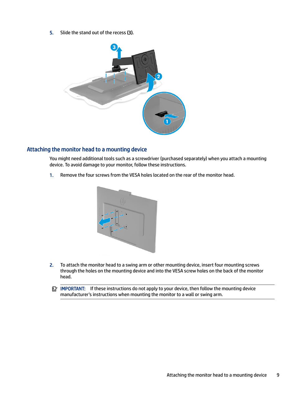 Attaching the monitor head to a mounting device | HP M24 23.8" Webcam Monitor User Manual | Page 14 / 38
